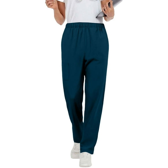 Pantalon Extensible à Enfiler pour Femmes, Jambe Droite, Taille Élastique, Pantalon d'Uniforme de Travail avec Poches, Bleu Marine, P