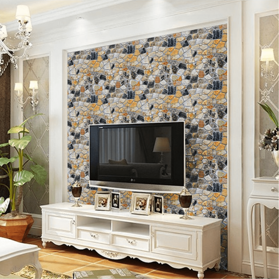 Stone Wallpaper, 3D Effect Blocks Yellow Black Multi Color Brick Peel and Stick Wallpaper, 17.7" x 393"