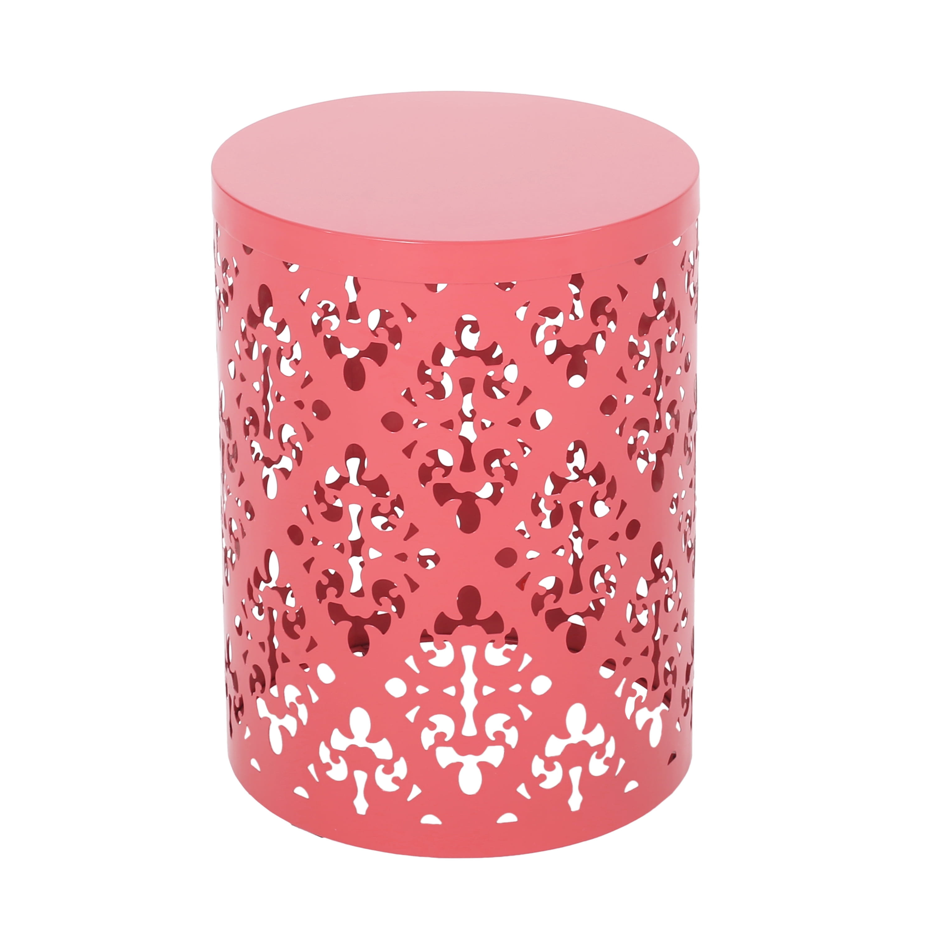 Outdoor Large Cylindrical Side Table, Floral Pattern Hollow Out Iron Tabletop for Patio Garden, Dark Coral