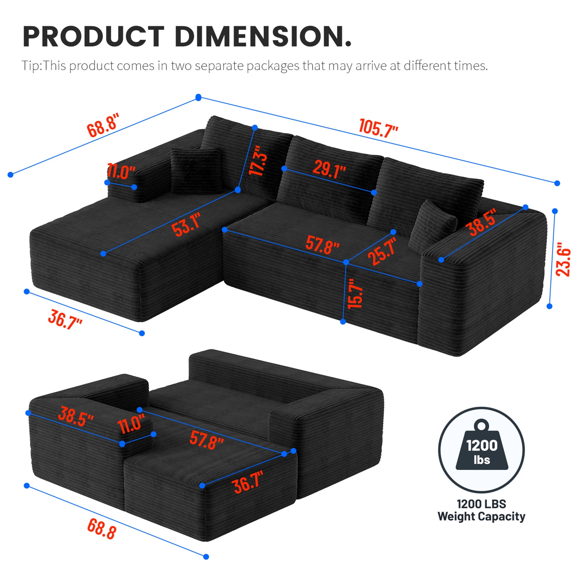 Aukfa 106" Cloud Sectional Sofa Boneless Couch Modular Sofa Bed for Living Room, 2Pillows, Left Chiase, Corduroy, Black