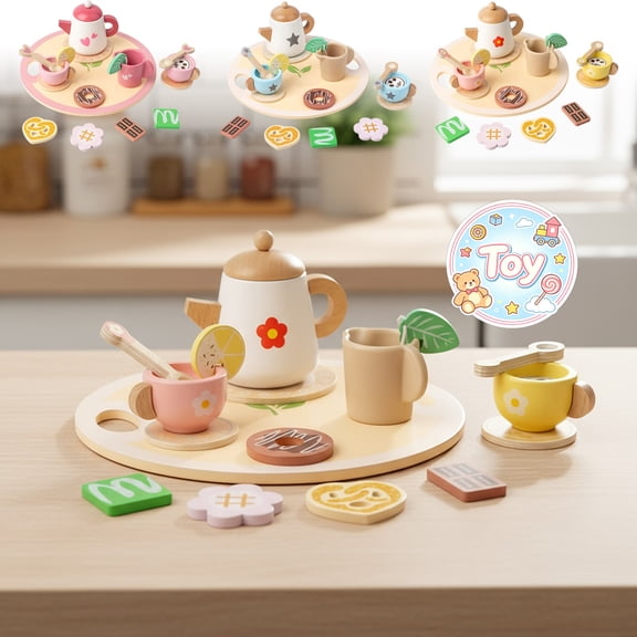 Wooden Afternoon Tea Pretend Play Set with Teapot, Cups, Desserts and Serving Tray, Tea Party Toys, Snack Time Role Play Kit, Christmas Birthday Gifts, Toys for Toddler Baby Kids Boys Girls, Age 3