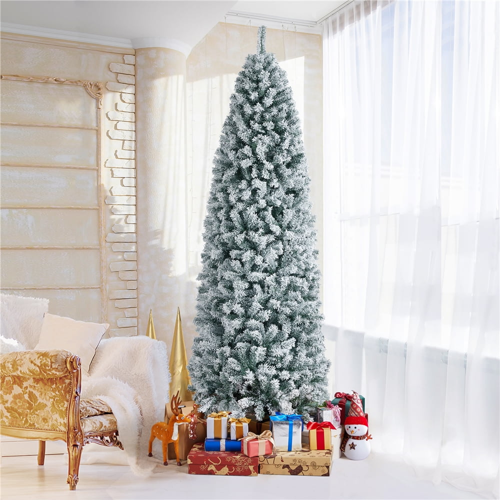 Alden Design 7.5 Ft Unlit Hinged Artificial Spruce Slim Christmas Tree, Frosted White