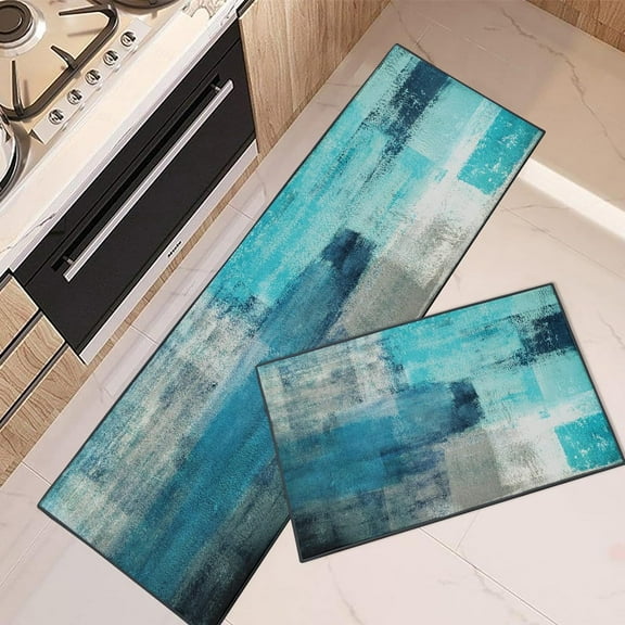 Kitchen Rugs and Mats Non Skid Washable Set of 2, Teal Grey Kitchen Runner Rug, Green Turquoise Abstract Gray Vintage Kitchen Floor Mat Under Sink Mat Throw Rug for Doormat