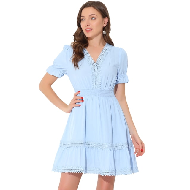 Mini vestido sólido de manga corta con cuello en V y cintura elástica para mujer Azul Claro XS
