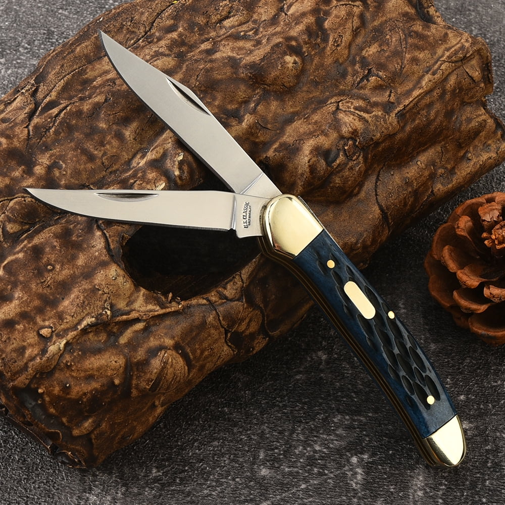 Dual Blades Hand Forged Folding Knife, Blue Cow Bone Handle Heavy Duty EDC Survival Gear for Camping Hiking, Gift for Outdoor Enthusiasts