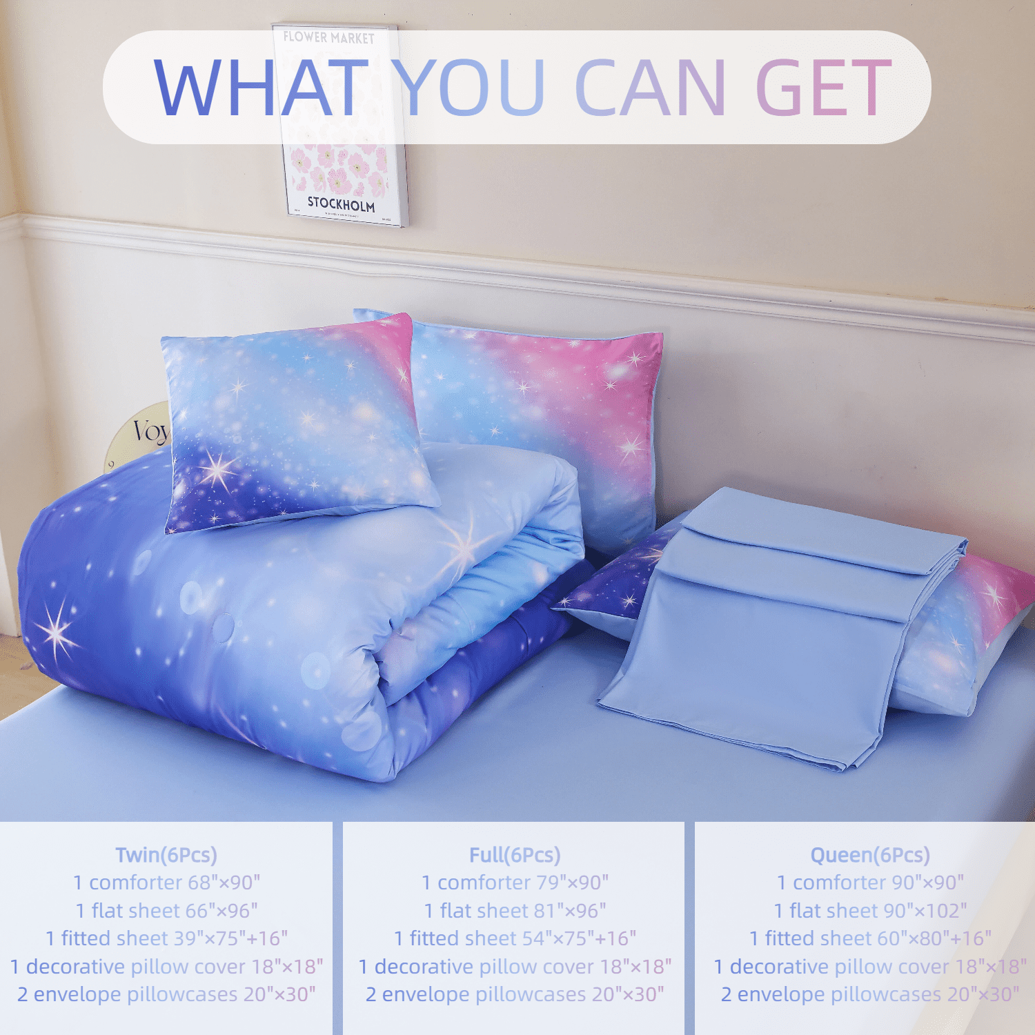 PERFEMET 6 Pieces Blue Girls Twin Galaxy Comforter Set Starry Sky Sparkle Gradient Bedding Set Ultra Soft Bed in a Bag(Blue,Twin)