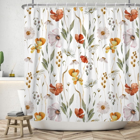 Watercolor Floral Shower Curtain Wildflowers Fabric Bath Curtains Rustic Bathroom Decor with Hooks 72Wx72L Inch