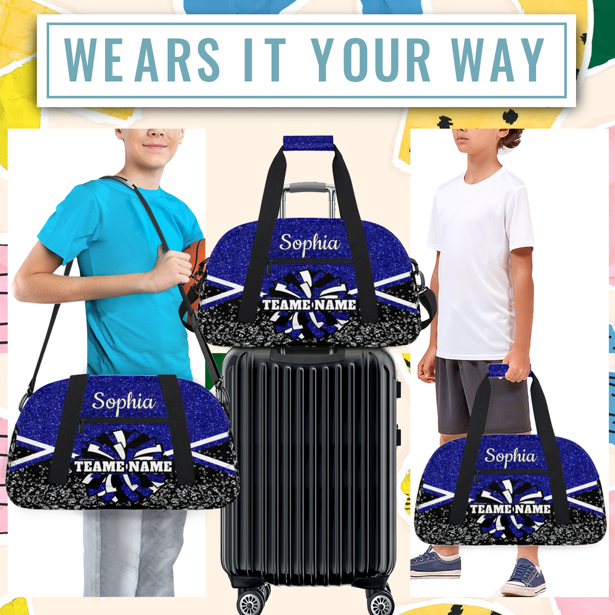 Jiaoprinted Personalized Cheer Bag, Custom Cheerleader Gym Bag Sport Duffel Bag, Customize Travel Overnight Weekender Bags, Cheerleading Gifts, Blue Glitter