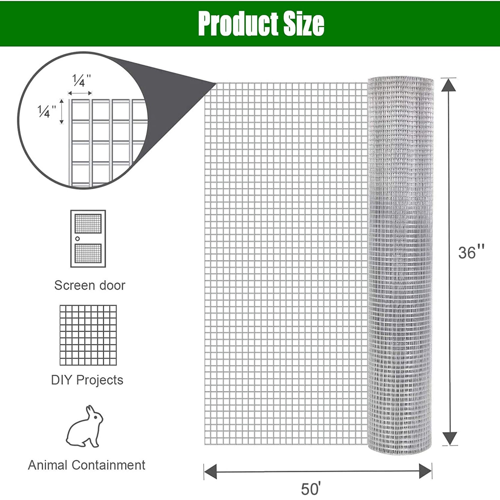 Hardware Cloth 1/4 inch 36in x 50ft 23 Gauge, Hot-dip Galvanized After Welding Chicken Wire Fence Roll Garden Plant Welded Metal Wire Fencing Roll, Rabbit Cages Snake Fence