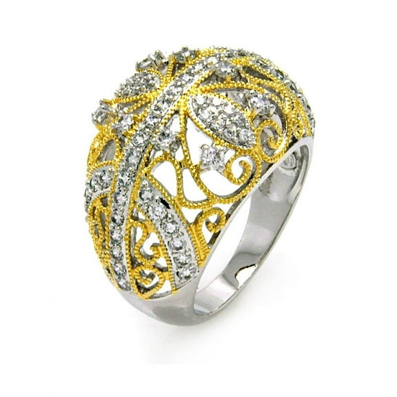 Clear Cubic Zirconia Filigree Dome Ring Rhodium And Gold-Tone Plated Sterling Silver Size 8