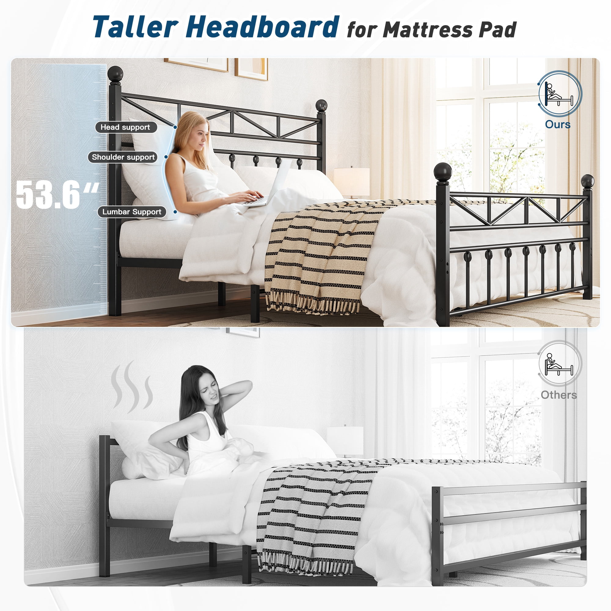 EnHomee Full Size Metal Platform Bed Frame Metal Bed Frame Full with Headboard & Footboard Bed Frame with LED Lights & Storage, Noise Free, Black