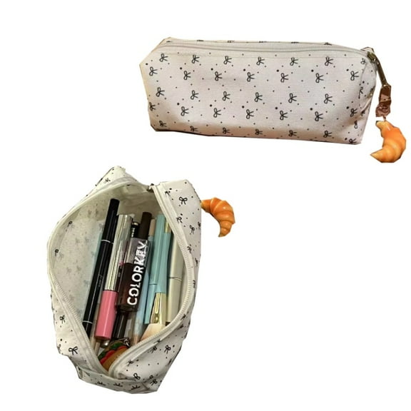 Female White Ins Style Simple Black Small Bow Floral Print Large Capacity Canvas Makeup Bag