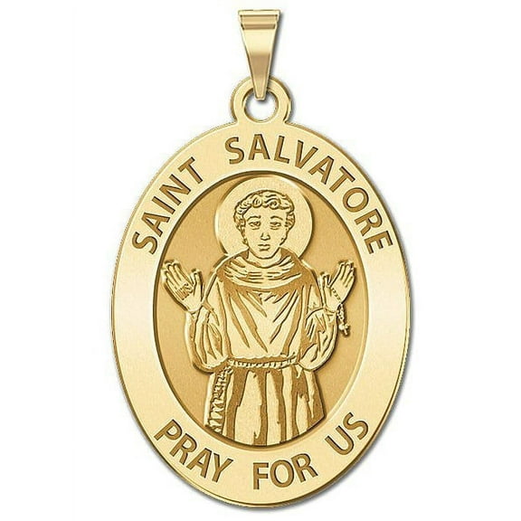 Saint Salvatore Religious Medal OVAL  - 2/3 X 3/4 Inch Size of Nickel, Solid 14K Yellow Gold