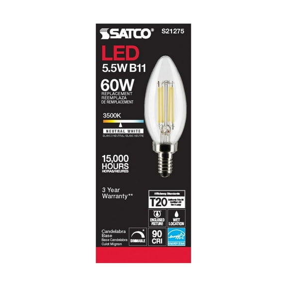 SATCO S21275 5.5W 120V B11 3500K 500 Lumen LED E12 Candelabra Base Light Bulb Dimmable (6 Pack)