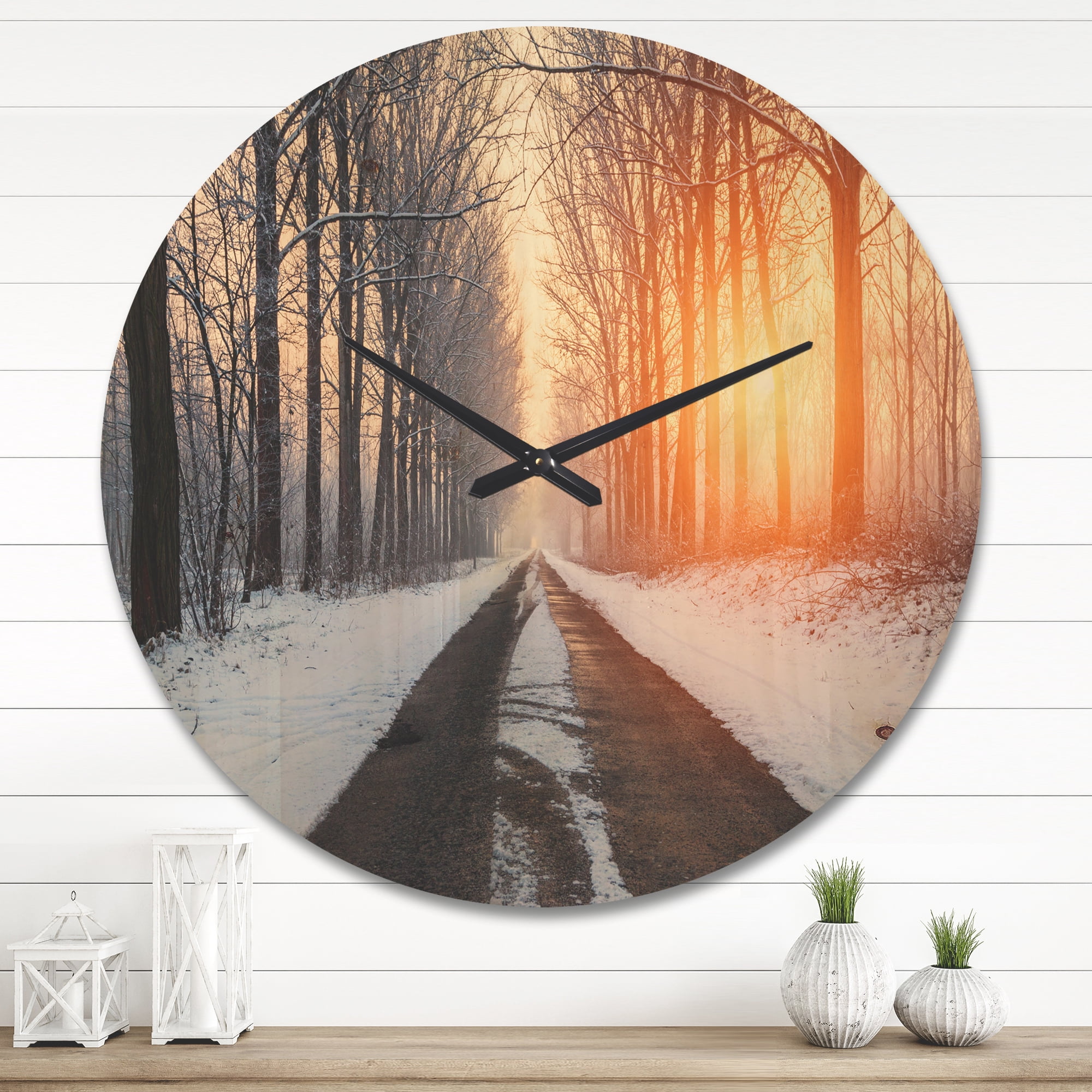Designart 'Bright Sun Break in Winter Snow Forest ' Farmhouse Wood Wall Clock