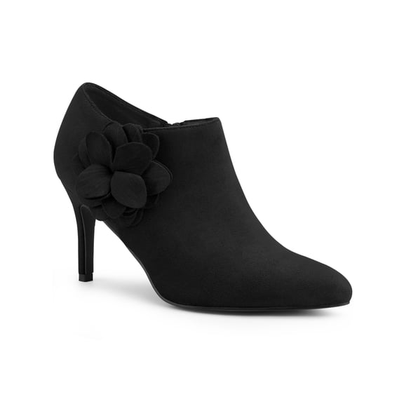 BLISSFUL STEP Women's Ankle Boots Flower Stiletto Heel Pointed Toe Faux Suede Zipper Booties Black 6