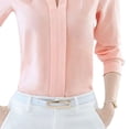 thumbnail image 4 of Blusa de gasa de manga larga con cuello alto Nikou color puro corte informal Camisa de gasa para mujer color rosa S, 4 of 13