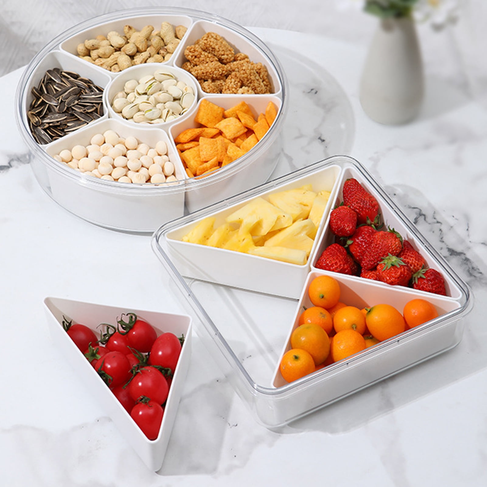 Grusce Divided Serving Tray with Lid with 4 Compartments Snackle Box  Charcuterie Container Fridge Organizer for Veggie Portion Control Container  Salad Keeper Meal Prep 