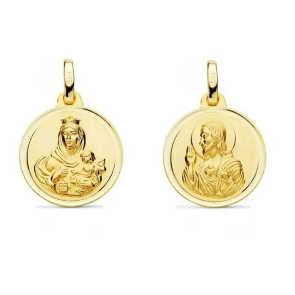 18K Solid Yellow Gold Round Scapular Medal 16 mm