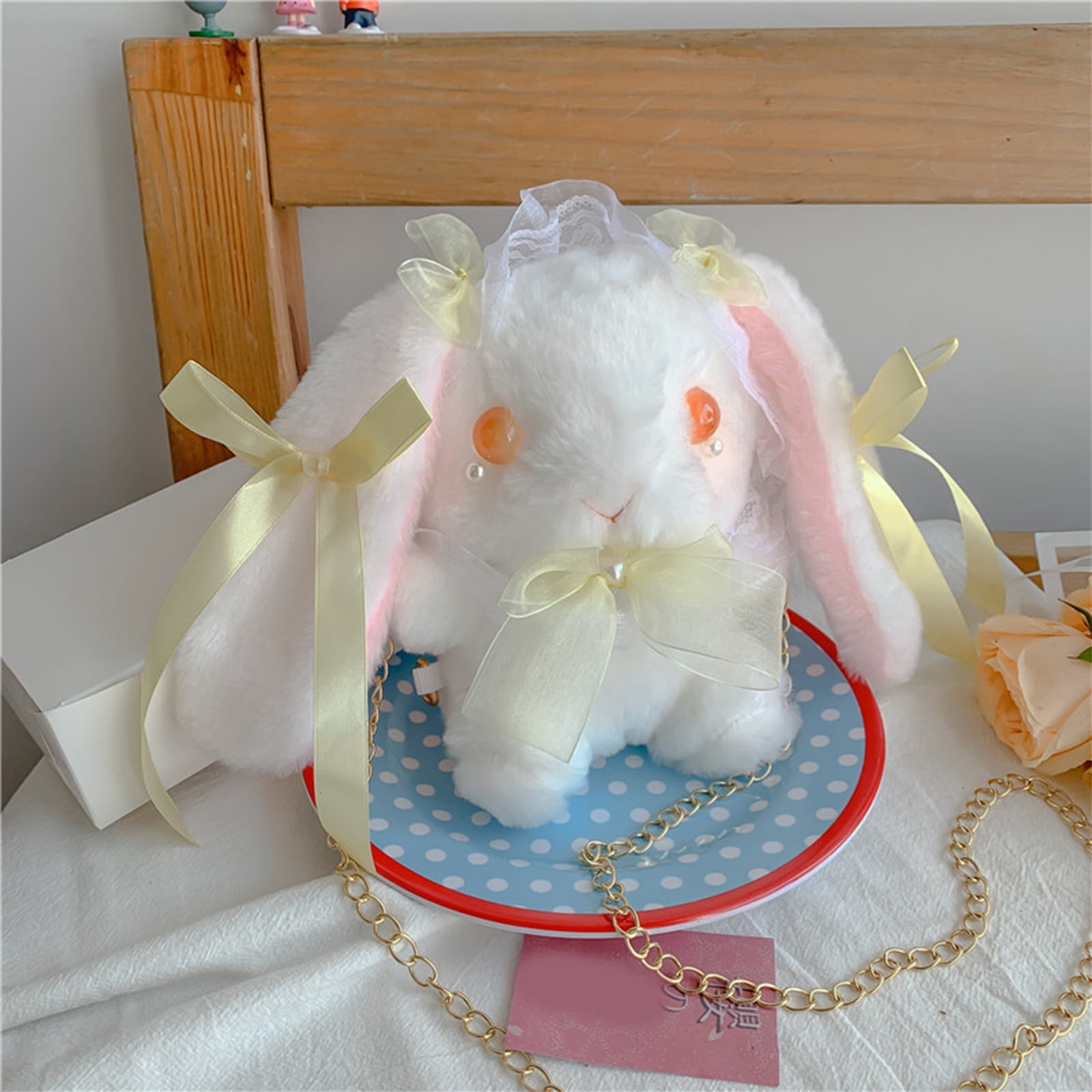 Huntermoon Lolita Rabbit Cute Shoulder Messenger Bag Japanese JK Style Girl Heart Cute Doll Plush Bag, Kids Unisex, Size: Pearl Belt, Pink