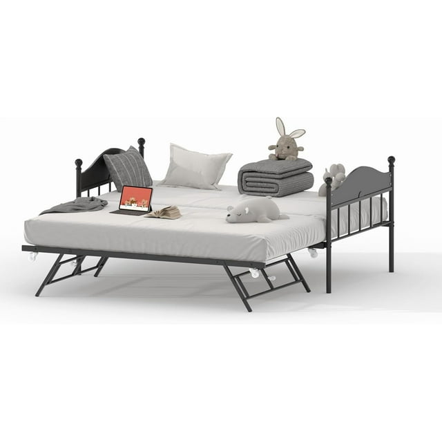 Bingirl Lit de Jour avec Tiroir-Lit, Lit de Jour en Métal Robuste Format Simple avec Tête de Lit Stylée, Tiroir-Lit Simple à Hauteur Réglable, Plateforme à Lattes en Acier Robustes