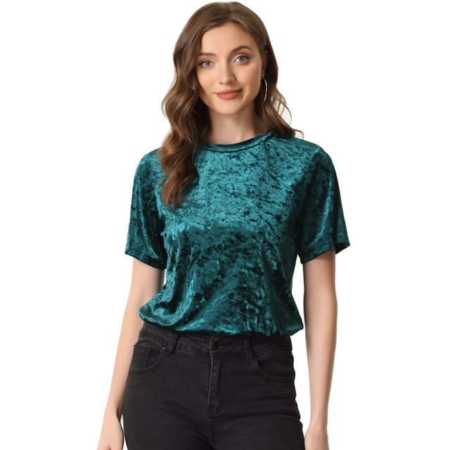 INSPIRE CHIC Camiseta de manga corta con cuello redondo informal de terciopelo vintage para mujer Azul verde XS
