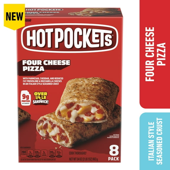 Hot Pockets Four Cheese Pizza Sandwich Snacks, 34 oz, 8 Pack (Frozen)