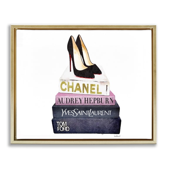 Stupell Industries Modern Glam Fashion Book Set Black Pump Heels Gold Floating Frame Canvas Art, 31 x 25, by Amanda Greenwood