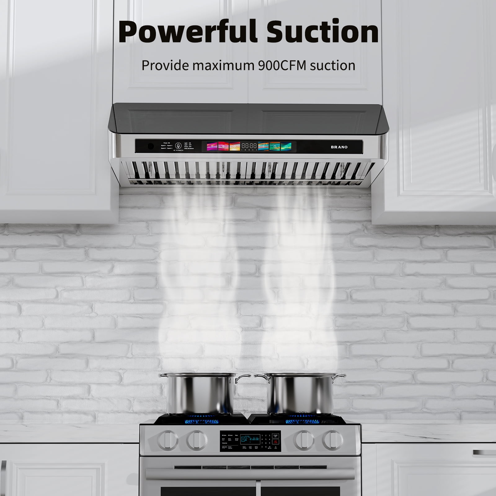 BRANO 30 Inch Under Cabinet Range Hood with Voice/Gesture/Touch Control, 900 CFM Kitchen Hood Vent with 4-Speed Exhaust Fan,Adjustable Lights