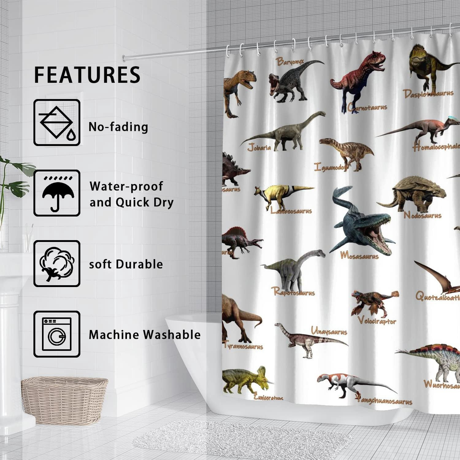 Kids Dinosaur Shower Curtain for Bathroom - Funny Jurassic Dino World Park Shower Curtain Sets Bathtub Decor with 12 Hooks Washable Durable Polyester Fabric 72"x72"