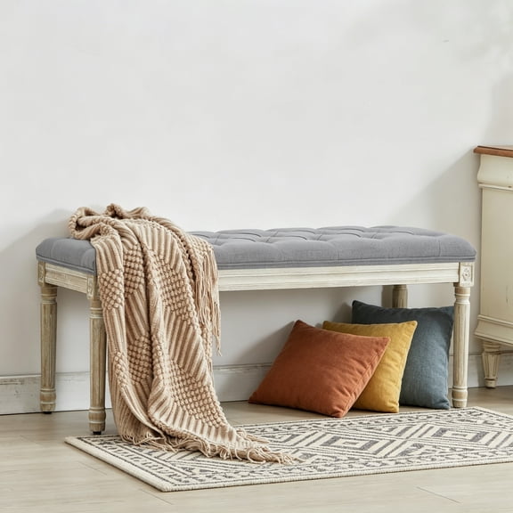 43.9" Linen Fabric End of Bed Bench, Vintage French Upholstered Button Tufted Entry Bench, Window Seat with Carved Wood Legs for Bedroom, Living Room, Entryway, Foyer, Hallway, Light Grey