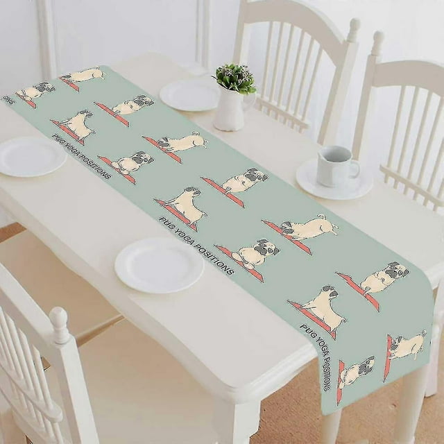 Cute Yoga Pugs Set Cotton And Linen Table Runner Kitchen Dining Room Supplies 35x180 Cm--