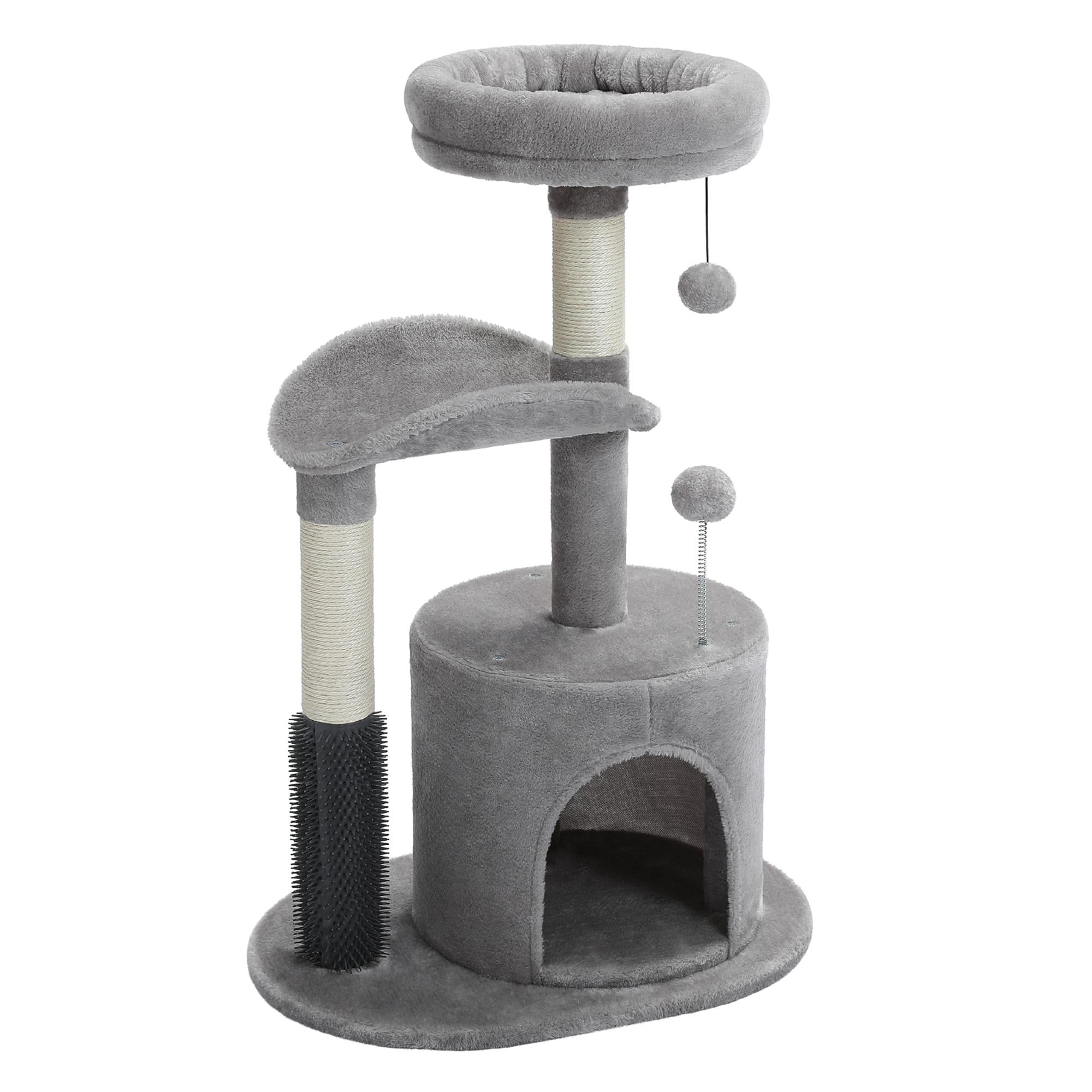 Pefilos 32" Cat Tree Indoor with Self Groomer Brush, Sisal Scratching Post, Dangling Ball, Wood Cat Condo Tower for Small, Medium Cats, Gray Pefilos 32" Cat Tree Indoor with Self Groomer Brush, Sisal Scratching Post, Dangling Ball, Wood Cat Condo Tower for Small, Medium Cats, Gray