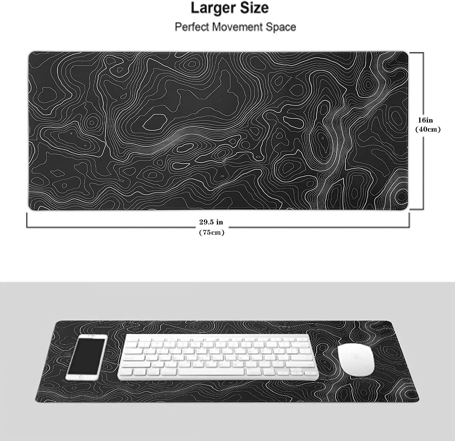 Mouse Pad,Extended Large Gaming Mousepad mat with Non-Slip Rubber Base,Topographic Map Lines Contour Geographic Background,for Gaming Office Laptop Computer Men Women(29.5x16 Inch,Black)