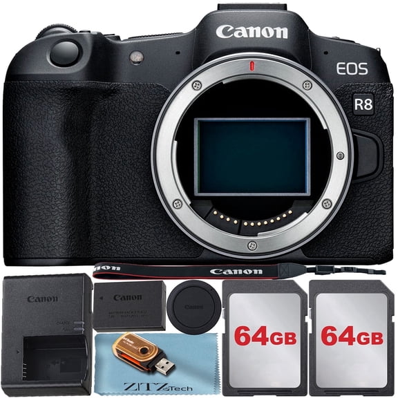 Canon EOS R8 Mirrorless Camera (Body Only) Full-Frame CMOS Sensor with 2 Pack 64GB Memory Card ZeeTech Accessory Bundle (International Version)