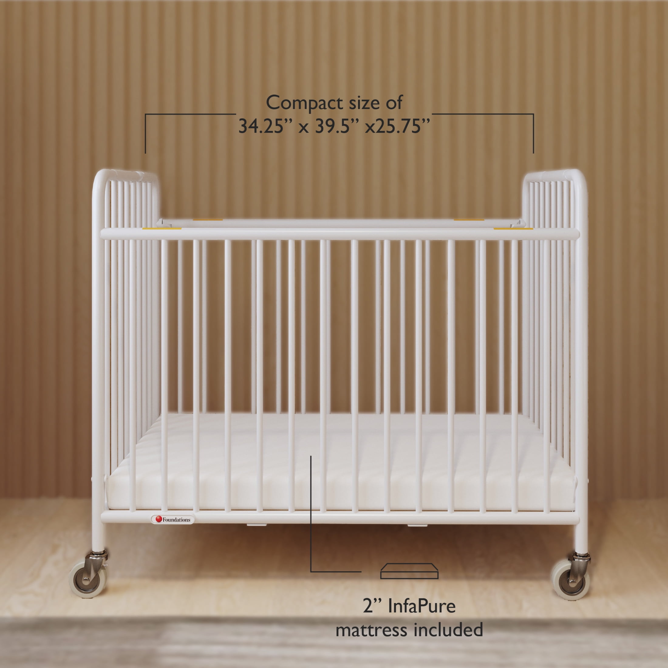Foundations StowAway Compact Folding Hotel Crib with 2" Mattress and Locking Wheels, White