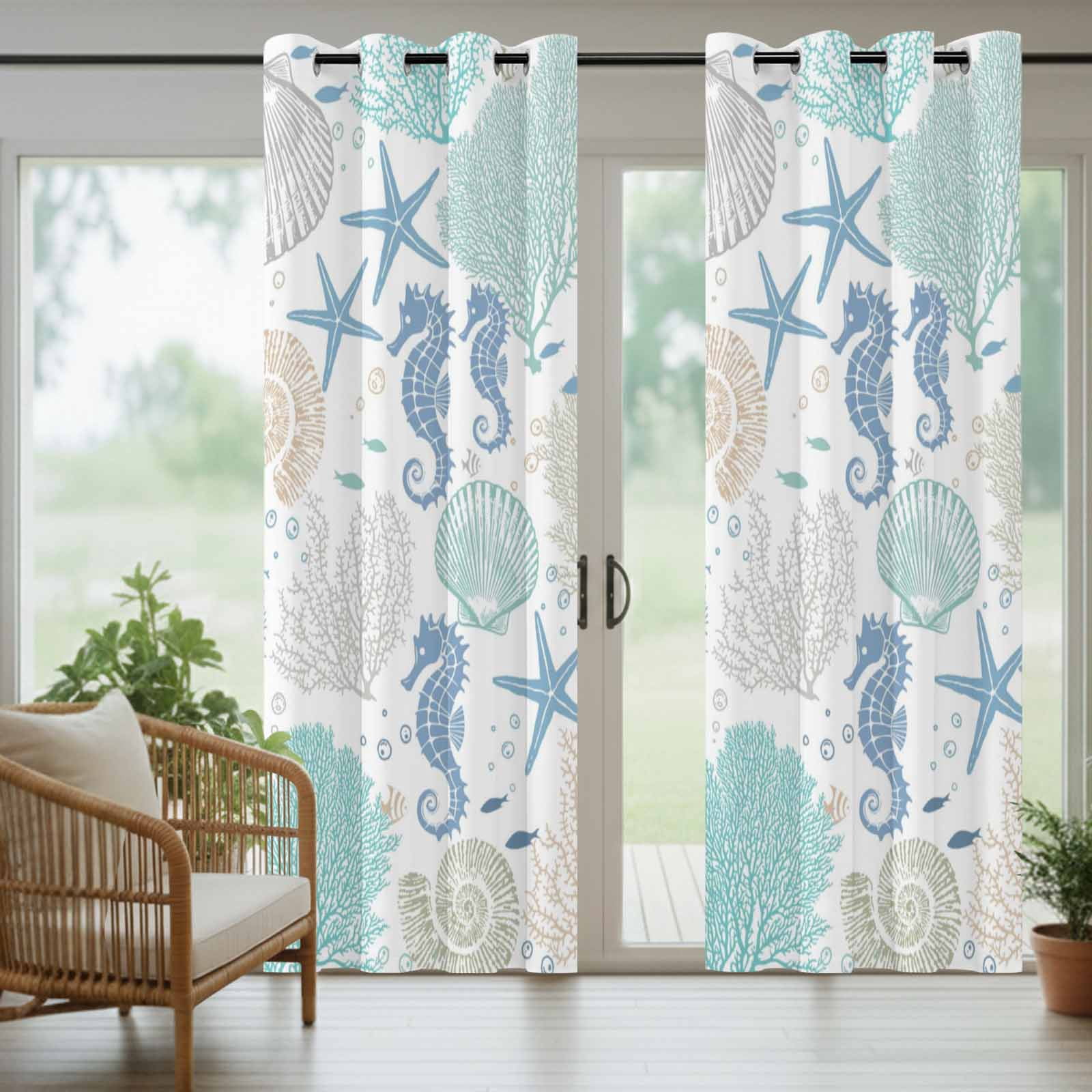 Coastal Blue Seahorse Outdoor Curtains for Patio, Summer Starfish Shell Coral Nautical Ocean Sunshade Privacy Drapes Grommet Waterproof Outside Curtains for Porch/Cabana/Balcony 54"x 108", 1 Panel