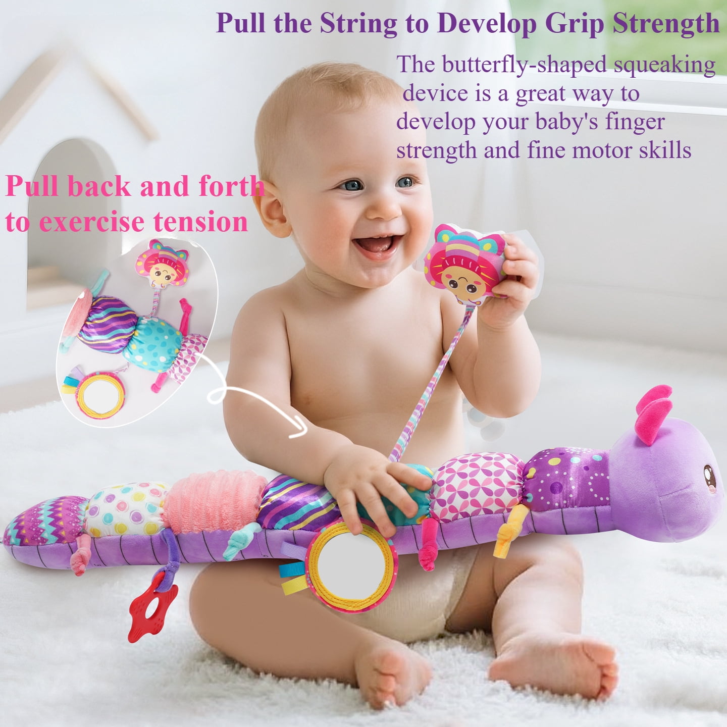 Baby Girls Toys 0-6 Months,6-in-1 Infant Musical Caterpillar Toys Stuffed Animals with Ruler Design,Mirror,Pull String&Ring Bell,Baby Girl Gift, Baby Girl Toys 6 to 12 Months