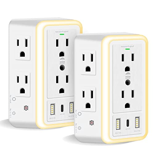 WBM SMART Multi Plug Outlet, Surge Protector, 6-Outlet Extender with 2 USB Charging Ports, USB-C & Night Light, 3-Sided Power Strip with Adapter Spaced Outlets - 2 Count, White