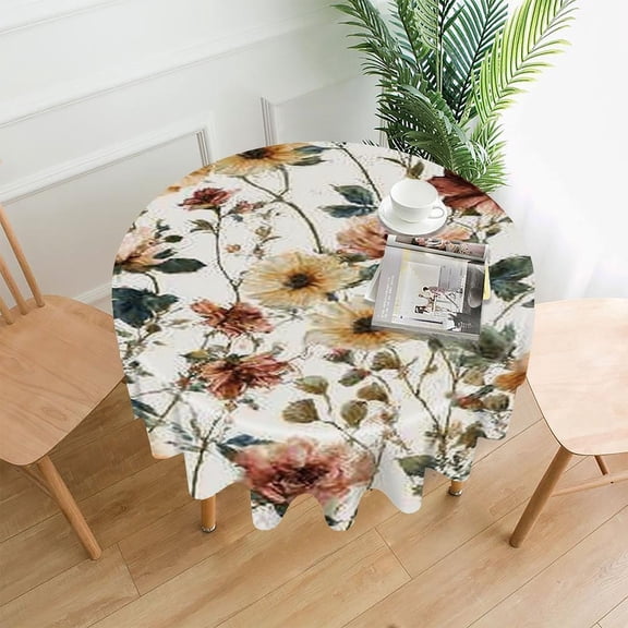 RKSupls 60 Inch Round Tablecloth, Vintage Flowers Pattern Premium Polyester Straight Edge Wrinkle Resistant Washable Table Cover for Party Home Dining Decor