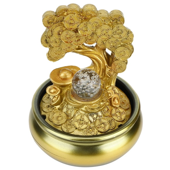 Tabletop Fountain, Resin LED Decorative Desktop Fountain, Lightweight Golden Quiet Small Office For Home Restaurant Indoor Decoration Wealth Tree EU Plug 220V
