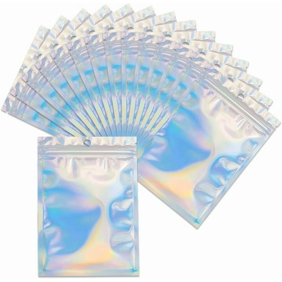 100Pcs 4 x 6 Holographic Resealable Bags Bulk Foil Ziplock Bags Small Smell Proof Plastic Iridescent Sample Packing Pouch for Party Favor Food Cookies Sample Jewelry Snack Storage Packaging 1set