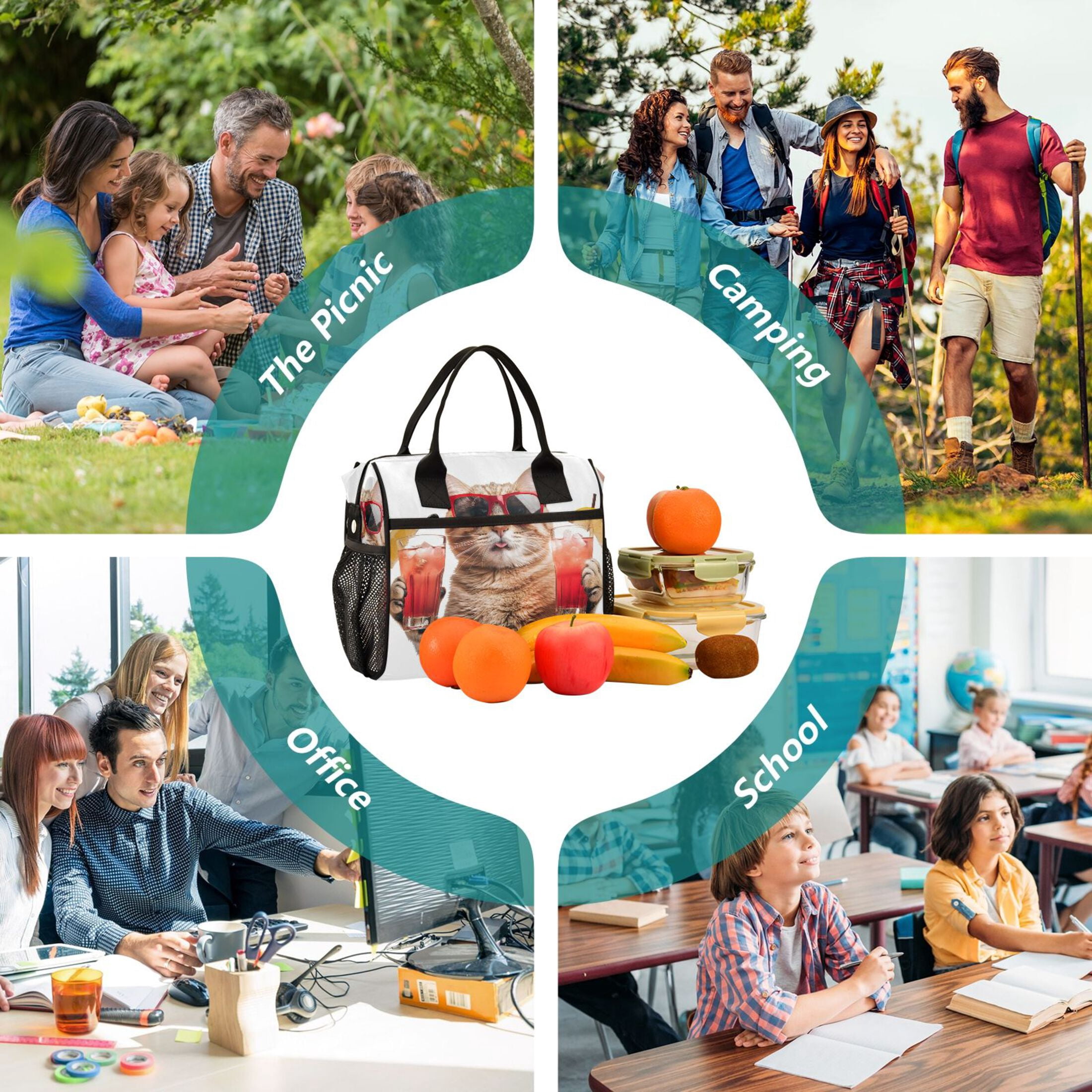 Lunch Bag Insulated Lunch Box Leakproof Reusable Cooler Tote Adjustable Shoulder Strap for Men Women Cool Cat with Drinks 12L
