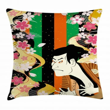 Kabuki Mask Decoration Throw Pillow Cushion Cover, Colorful Vertical Stripes Fresh Sakura Blooms and Actor Composition, Decorative Square Accent Pillow Case, 20 X 20 Inches, Multicolor, by Ambesonne