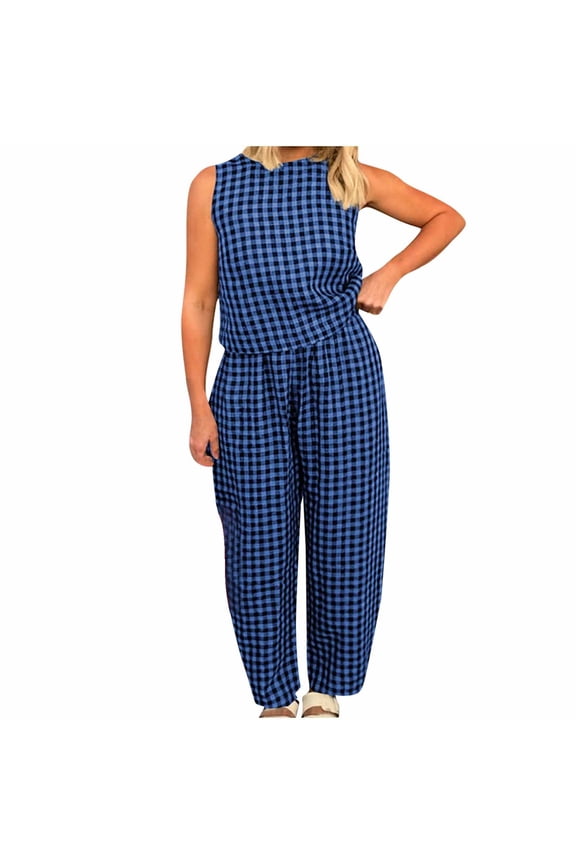 Co Ord Sets for Women UK 2 Piece Outfits Checkered Lounge Wear Sets Sleeveless Tank and High Waisted Cropped Trousers Casual Tracksuit Comfy Cotton Plaid Pyjamas Outfit Streetwear