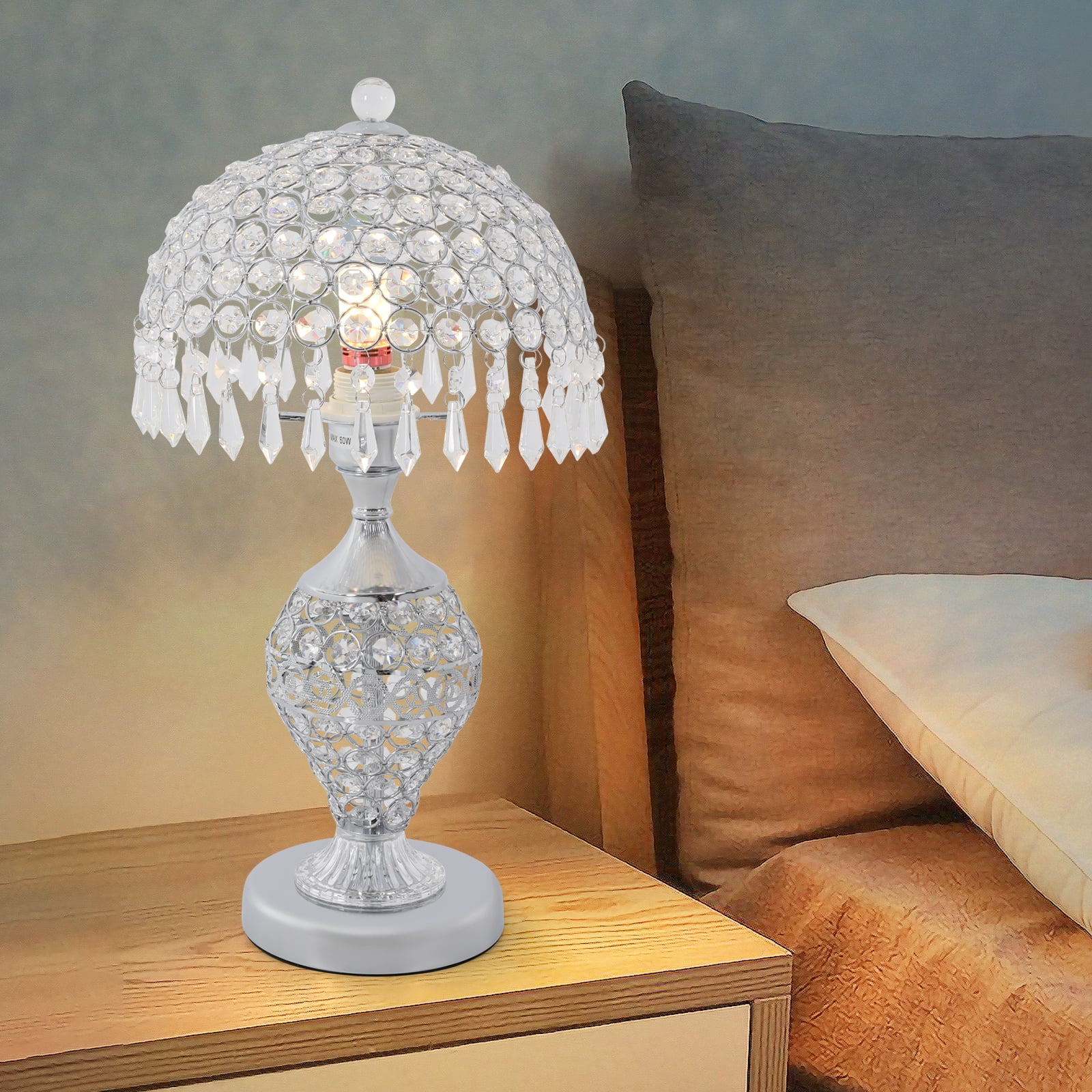 Wildnix Elegant Table Lamp with Crystal Lampshade, Silver Iron Body, E26 Lamp Holder, Anti-Rust Design for Cozy Lighting in Bedroom, Living Room, and Home Decor