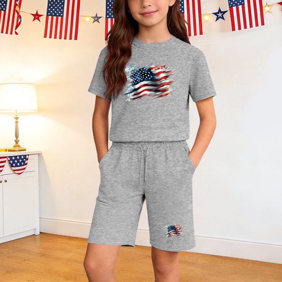 DJDLJWCJ 2 Piece Girls Outfit Sets Girls Crewneck Graphic Tee Shirt and Elastic Waist Stretch Soft Shorts Gray Size 5T