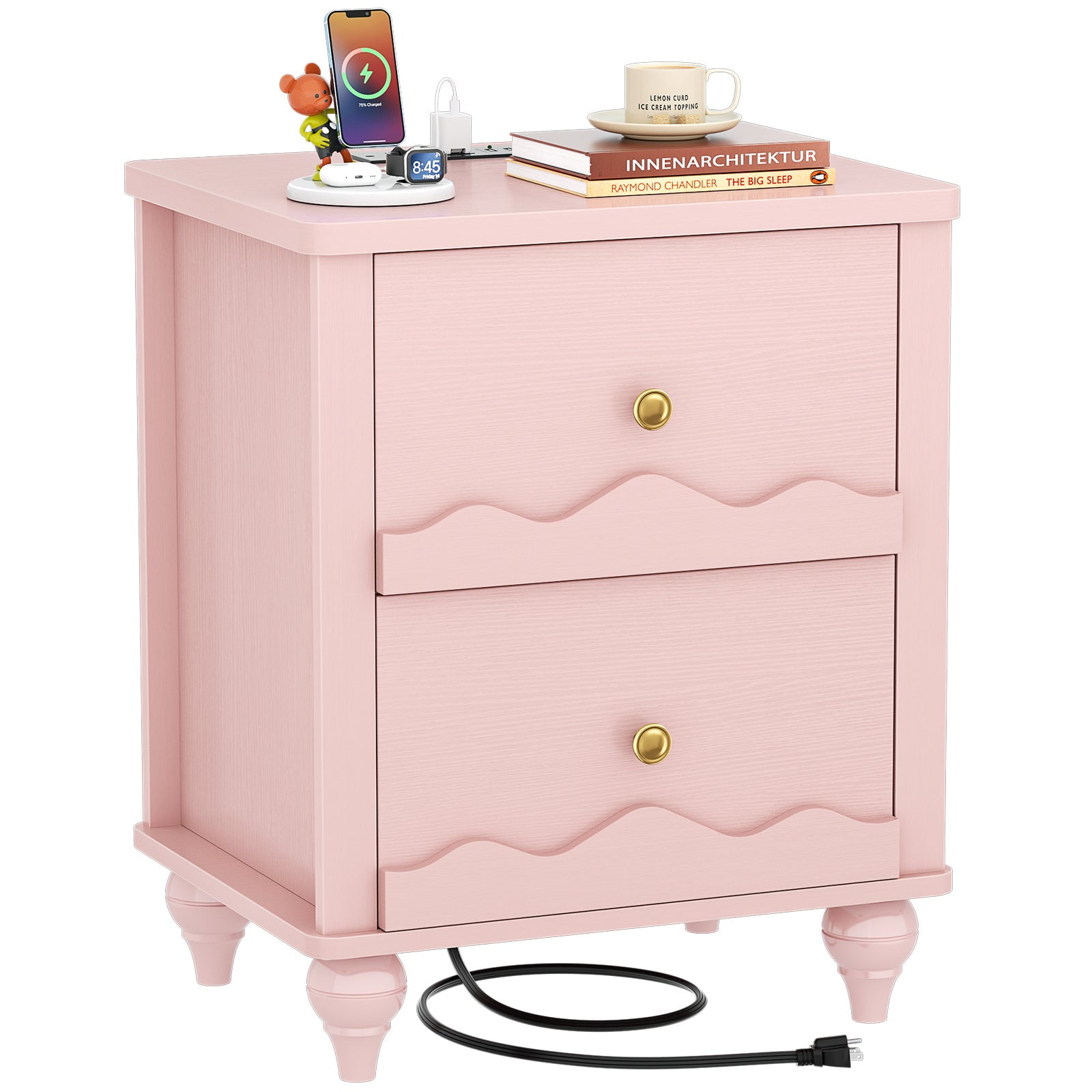 Homieasy 2 Drawer Nightstand with Power Outlet, Modern Wooden Nightstand with 2 Wave Pattern Drawers, Bedside Table for Bedroom, Living Room, Pink
