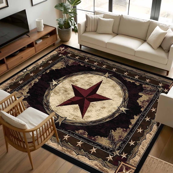 8x10 Area Rugs Western Stars Brown Non-Skid Rubber Backing Large Rectangle Rugs - Living Room Bedroom Home Office, Farmhouse Country Vintage Wood Grain Indoor Floor Mat Carpets Washable Rug