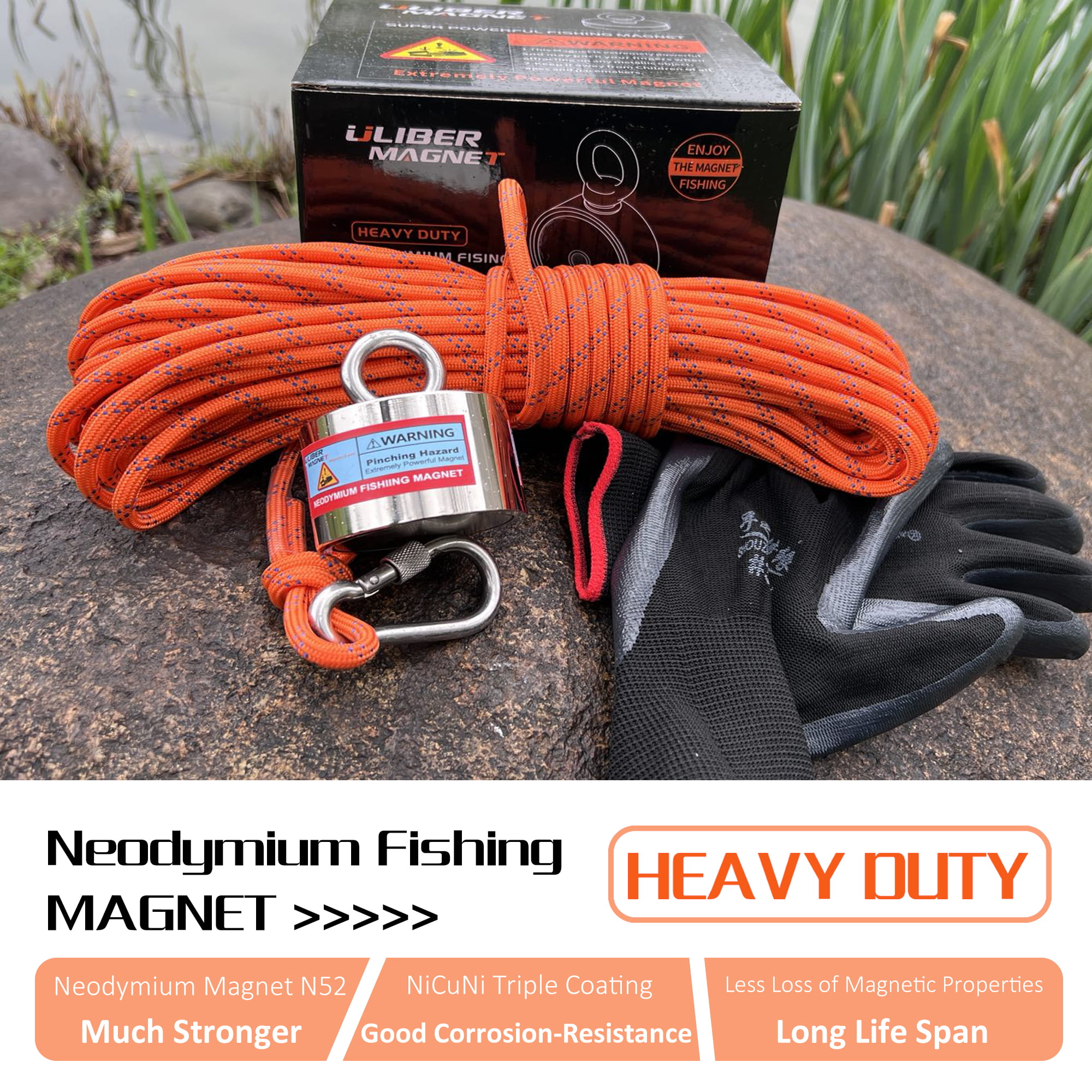 ULIBERMAGNET 400lbs Retrieval Magnets Pull Force, Grapping Hook,Strong  Fishing Magnet N52 Neodymium Magnets with 20m(66Feet) Durable Rope,Powerful